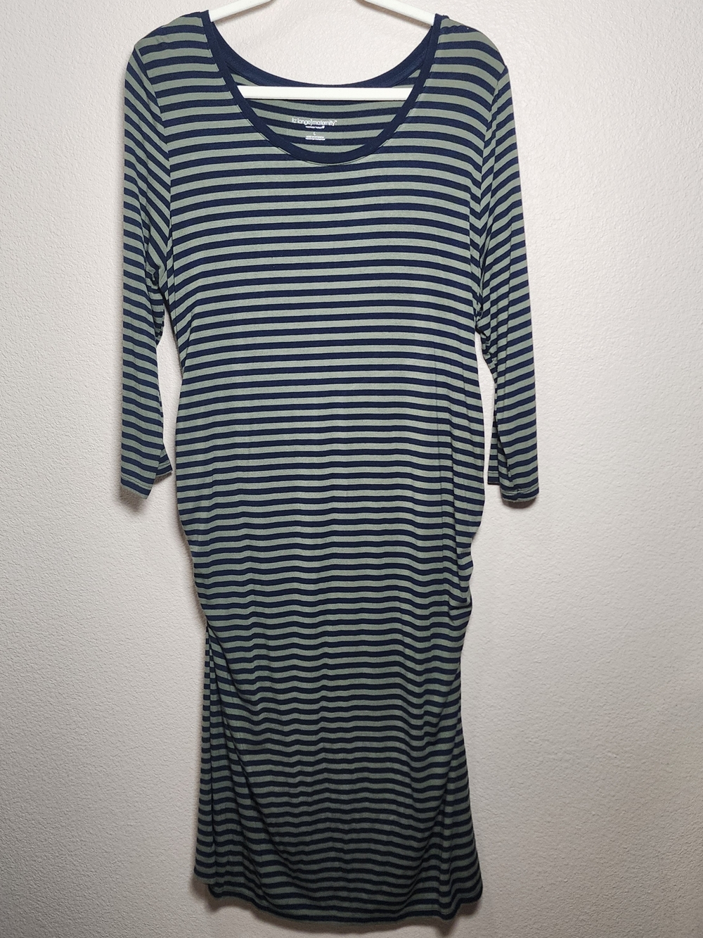 Liz Lange Navy and Green Striped Maternity Longsleeve Dress With Ruching Sides